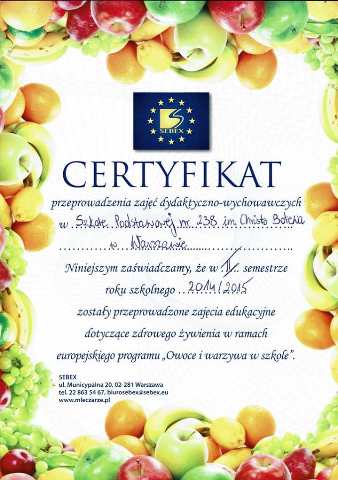 Certyfikat owoce i warzywa w szkole