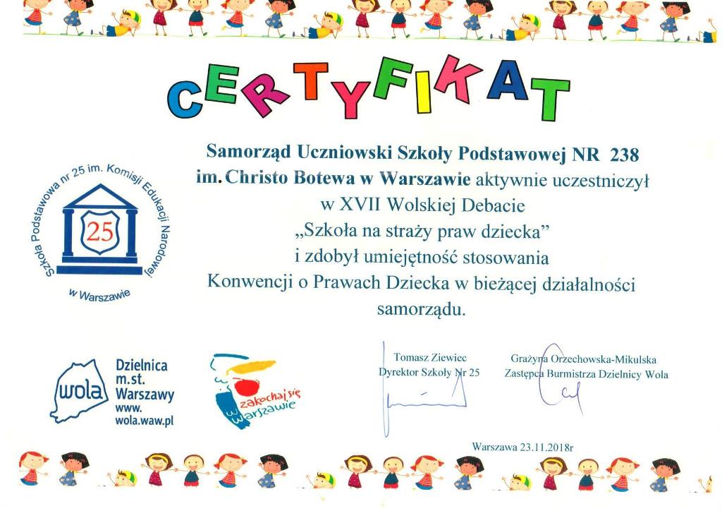 Certyfikat Szkoła na straży praw dziecka