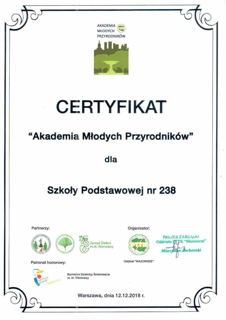 Certyfikat Akademia Młodych Przyrodników