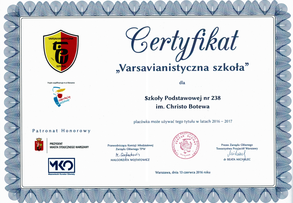 Varsavianistyczna Szkoła - certyfikat