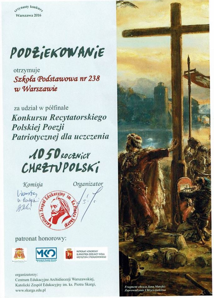 Podziękowanie za udział w półfinale Konkursu Recytatorskiego Polskiej Poezji Patriotycznej dla uczczenie 1050 rocznicy chrztu Polski.